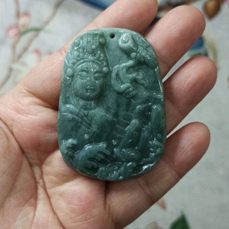 319危料天然翡翠吊坠山水观音牌子飘花蓝水卡54X39mm左右满48包邮