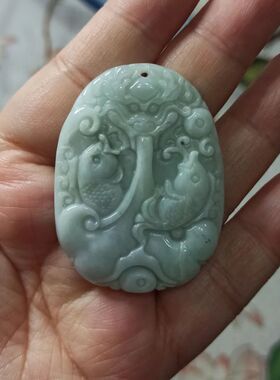 139天然翡翠吊坠绿底飘花鱼牌年年有鱼跃龙门卡46X35mm左右满包邮