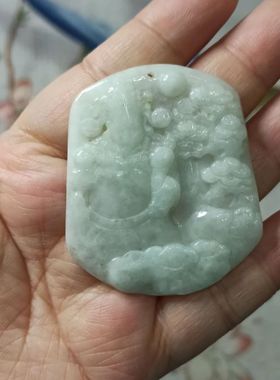 191缅甸天然翡翠吊坠山水财神牌子白底卡51X44mm左右满48元包邮
