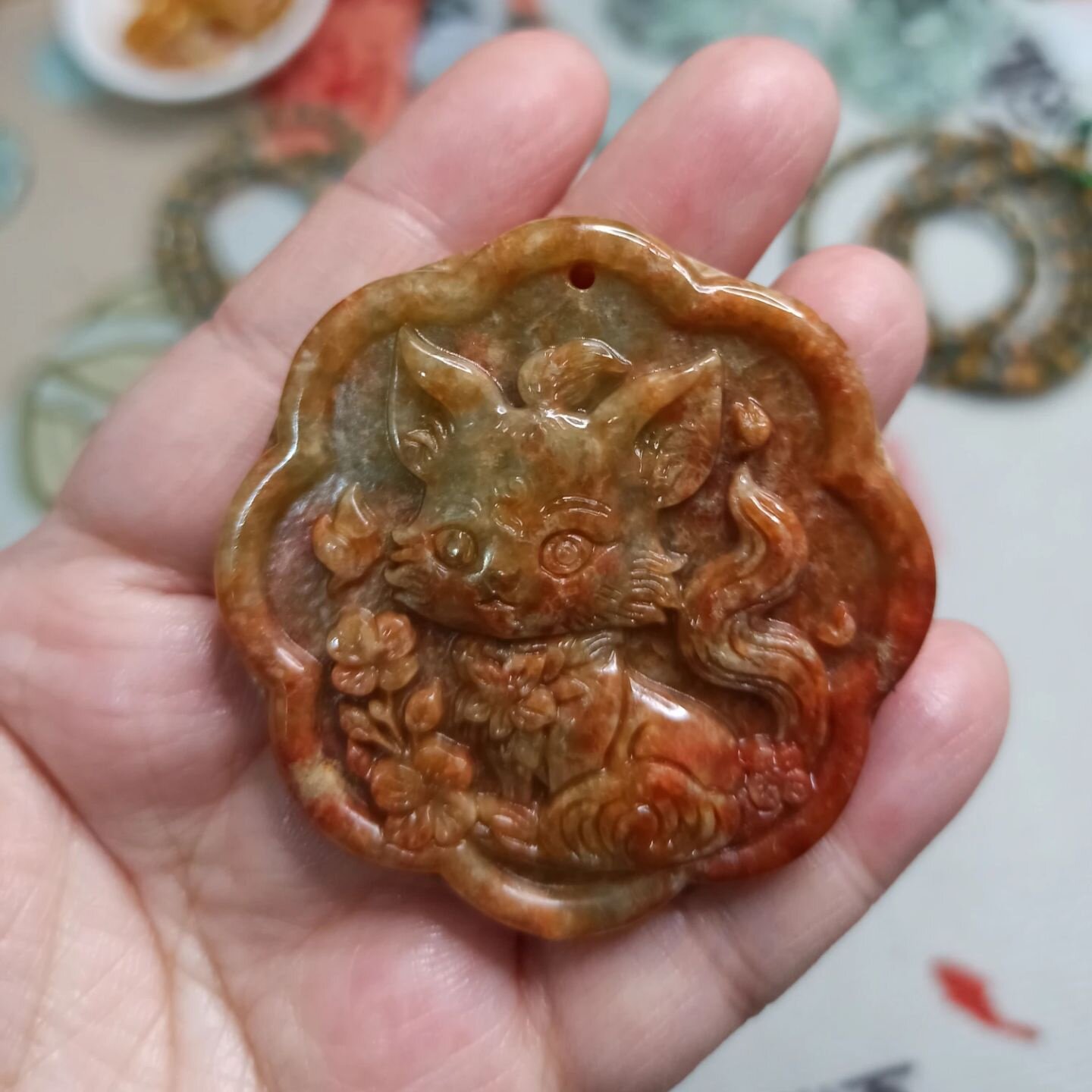 460缅甸天然翡翠吊坠如意福牌烧红翡狐狸牌卡53X51mm左右满48包邮