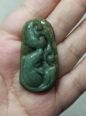 46缅甸天然翡翠吊坠飘花黄翡荷叶鱼年年有余如意鱼卡45X24mm左右