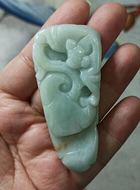 378缅甸天然翡翠吊坠雕刻件手把件飘花蝙蝠如意福瓜福寿卡66X30mm
