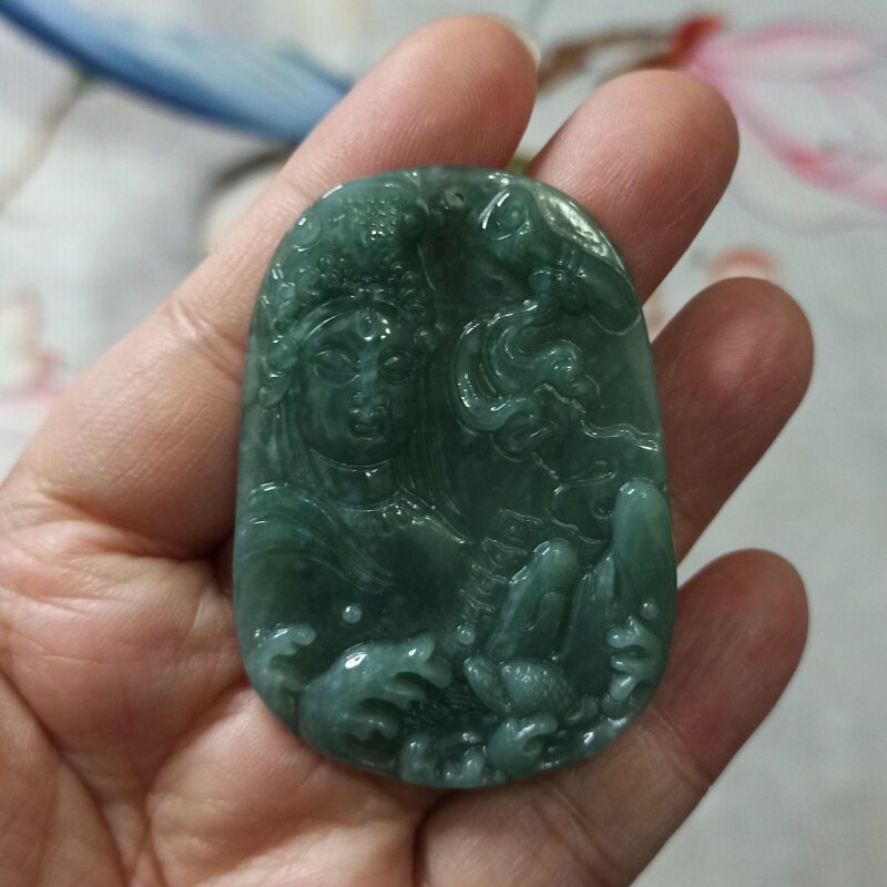389危料天然翡翠吊坠山水观音牌子飘花蓝水卡54X38mm左右满48包邮