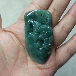 186缅甸天然翡翠吊坠雕刻件手把件蝙蝠如意绿底飘花卡55X27mm随型