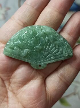 63缅甸天然翡翠吊坠绿底凤穿牡丹扇子牌卡51X32mm左右满48元包邮