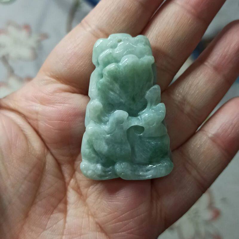 229天然翡翠吊坠飘花荷叶鸳鸯牌如意莲叶牌卡45X28mm左右满48包邮