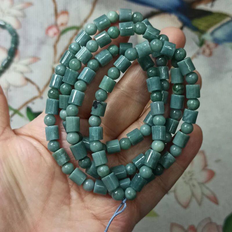 翡翠危料蓝水桶珠项链卡6mm
