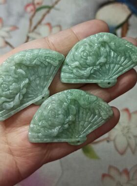 255缅甸天然翡翠吊坠绿底凤穿牡丹扇子牌卡50X30mm左右满48元包邮