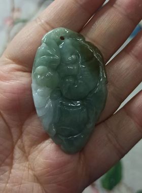 223缅甸天然翡翠吊坠雕刻件手把件飘花蝙蝠如意福瓜福寿卡50X31mm