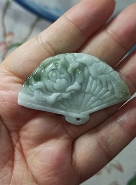 194缅甸天然翡翠吊坠绿底凤穿牡丹扇子牌卡50X31mm左右满48元包邮