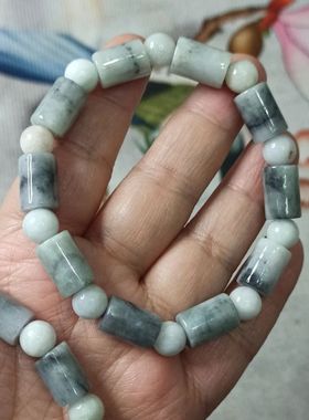 359缅甸天然翡翠飘花桶珠路路通卡11X9mm左右长珠手串满48元包邮