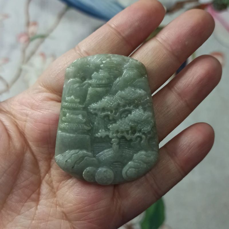 39缅甸天然翡翠山水飘花吊坠挂件毛衣链卡50X40mm左右满48元包邮