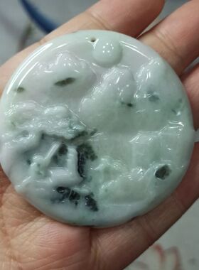 245缅甸天然翡翠吊坠山水牌飘花圆牌手把件卡55mm左右满48元包邮