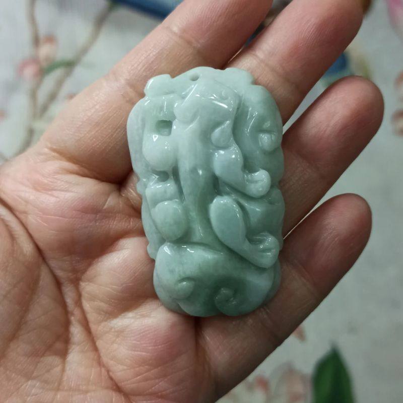 274缅甸天然翡翠吊坠雕刻件手把件飘花貔貅如意卡50X31mm48元包邮