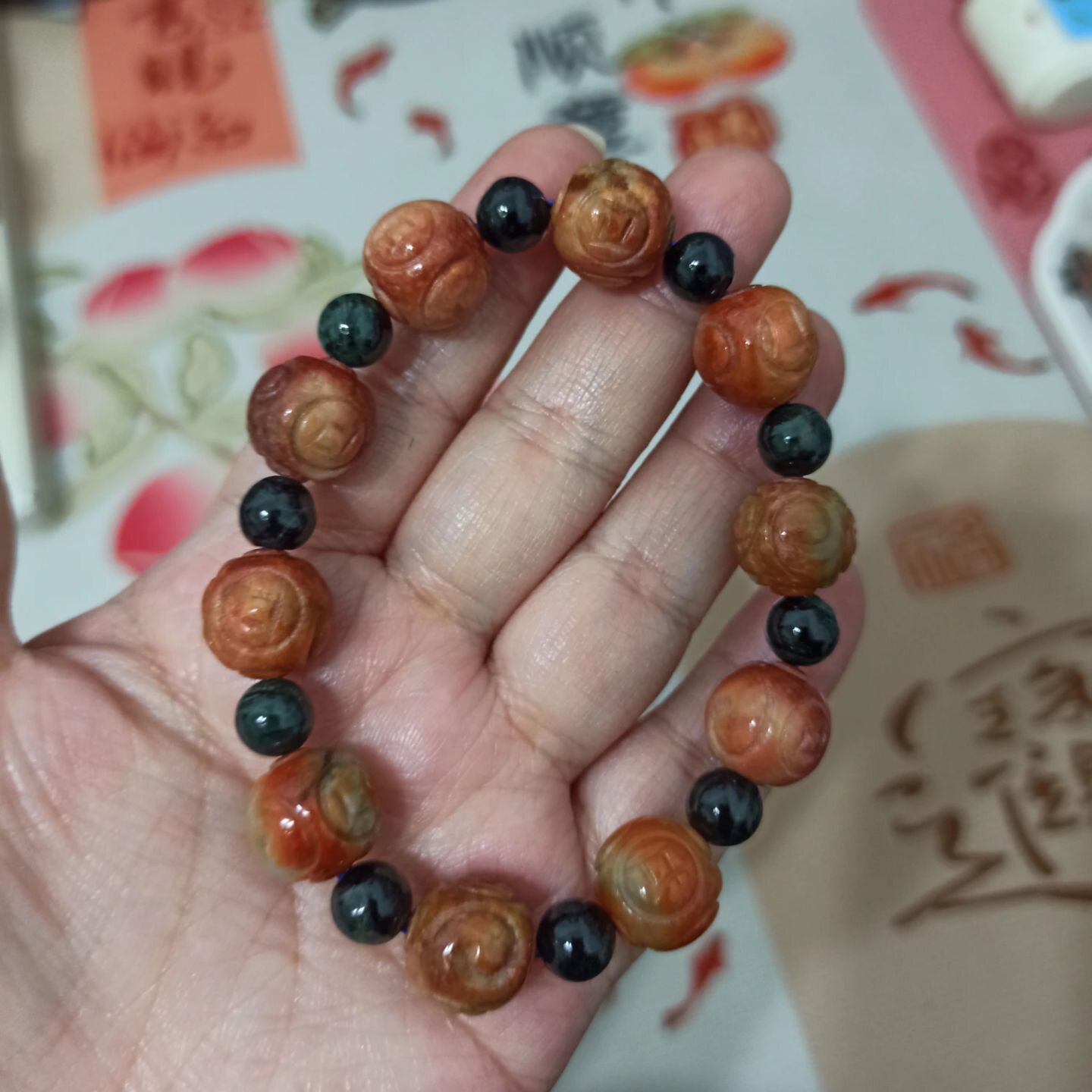 475缅甸天然翡翠烧红翡回纹珠手串卡13mm左右圆珠手链满48元包邮