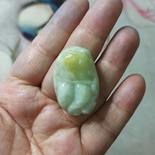 411缅甸天然翡翠飘花吊坠雕刻件手把件佛手人参人生如意卡35X23mm