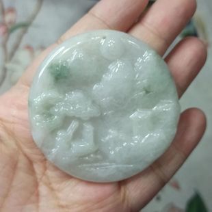 212缅甸天然翡翠吊坠山水牌飘花圆牌手把件直径55mm左右48元 包邮