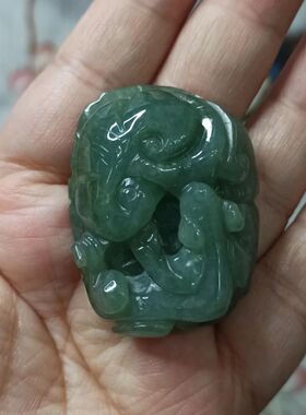 13缅甸天然翡翠吊坠雕刻件手把件飘花貔貅如意卡41X32mm48元包邮