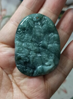 20天然翡翠山水牌吊坠深色蓝水挂件卡49X36mm危料玉佩牌48元包邮