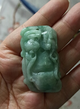 397缅甸天然翡翠吊坠雕刻件手把件飘花蝙蝠如意福瓜福寿卡49X28mm