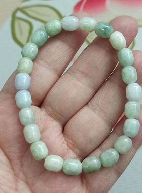 85缅甸天然翡翠桶珠手链手串单圈卡8X7mm左右飘花微棉满48元包邮