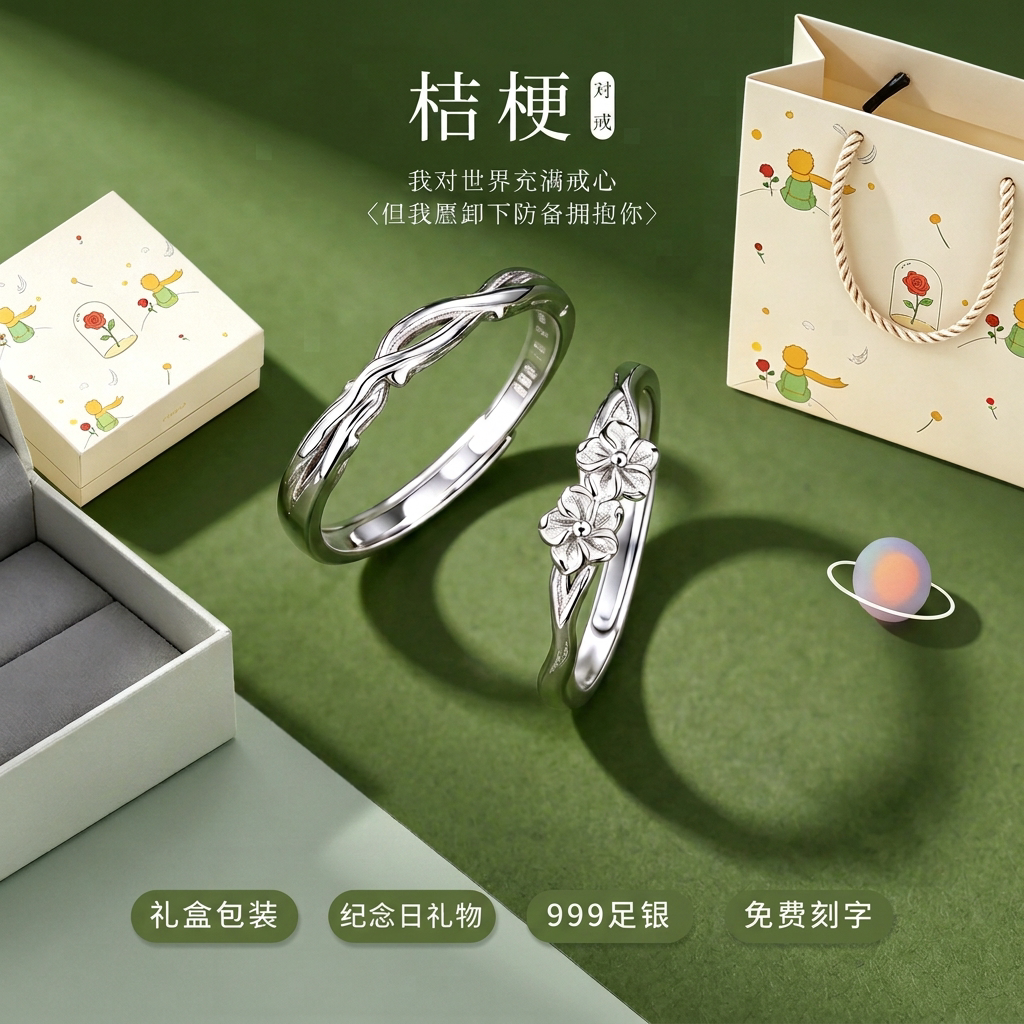 原创设计桔梗情侣戒指s999银对戒