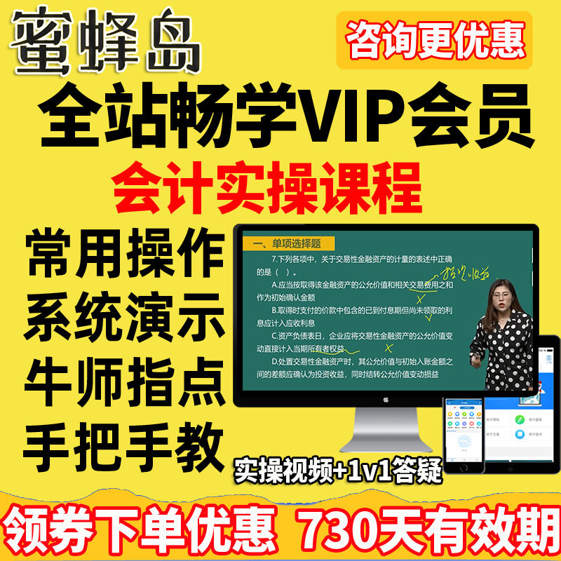 蜜蜂岛网课视频会计实操课程全站畅学VIP会员包1年VIP5年银卡金卡