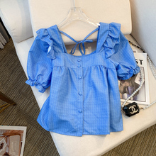 夏季甜美格子泡泡短袖衬衫女设计感小众独特别致时尚气质绝美上衣