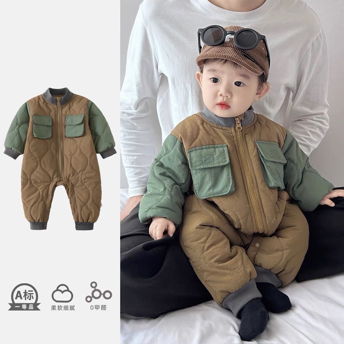 男宝宝2025冬季衣服夹棉连体衣冬装棉服外出幼儿冬天可外出爬爬服