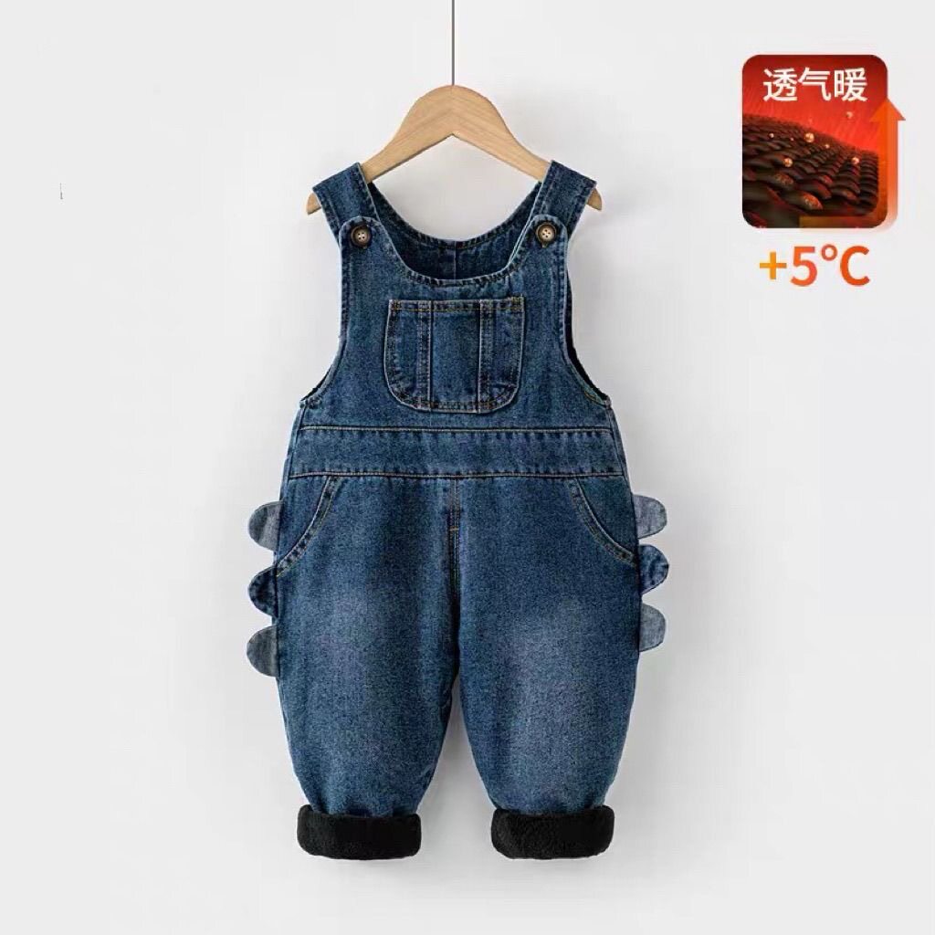 儿童加绒牛仔背带裤2026秋冬款男女宝宝可爱龙连体棉裤婴儿裤子
