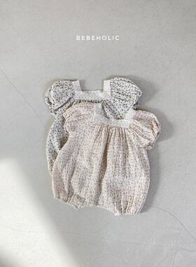 韩版夏女婴童薄棉蕾丝方领碎花短袖连身爬服ins婴幼儿皱布连体衣