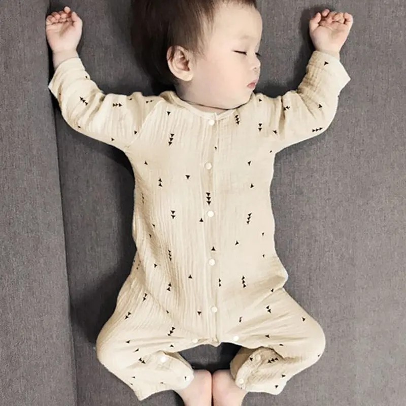 婴儿衣服夏0薄款长袖3纱布韩版爬1服6纯棉新生儿睡1衣宝宝泳衣裤