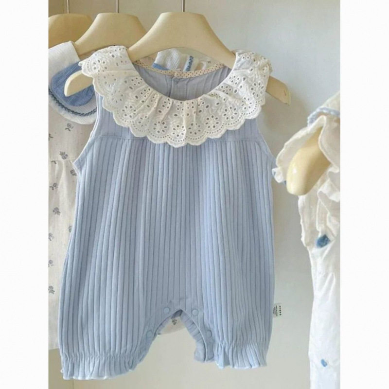 女宝连体衣2025婴儿夏天洋气公主爬服女宝宝夏季条纹蕾丝领小月龄图片