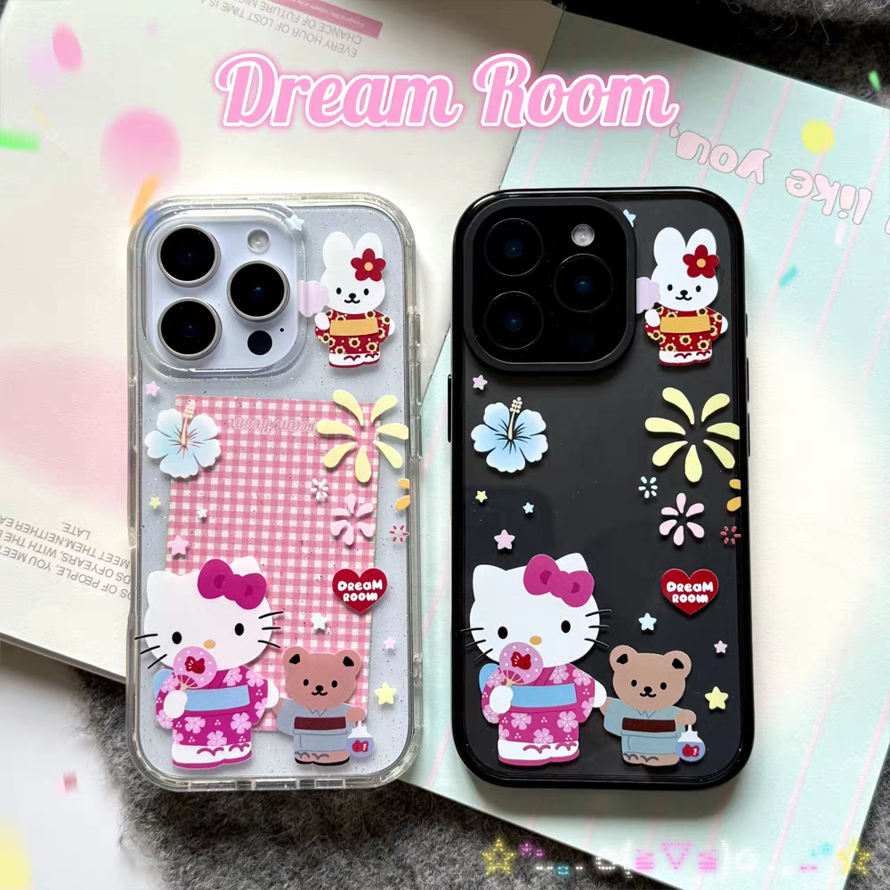 可爱夏日和服hellokitty手机壳适用iPhone16苹果16pro透明细闪15promax软壳14/15plus防