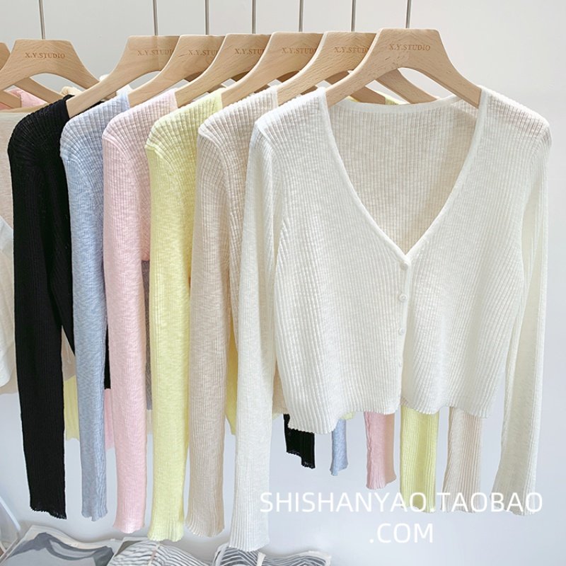 针织开衫冰丝开衫长袖夏季黑色薄款外搭短款空调衫防晒披肩宽松版