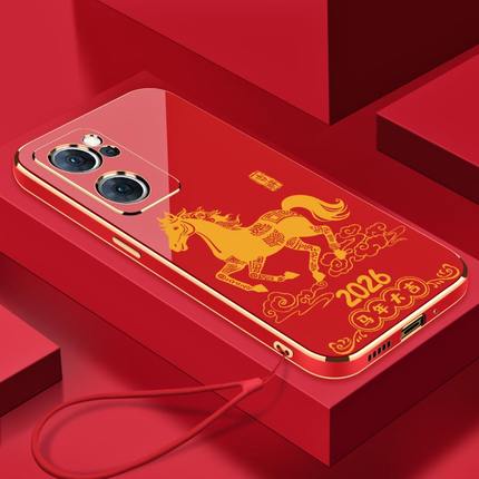 2026马年大吉适用OPPOReno7手机壳7SE电镀硅胶防摔软壳Reno7Pro全包镜头创意简约新款保护套