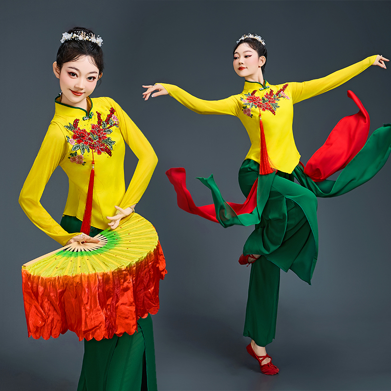 秧歌服演出服中国风舞蹈古典服装飘逸民族风扇子舞舞蹈服套装新款