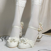 极星海洋原创圆头中跟lo鞋 女 仙女花边珍珠复古甜美百搭蝴蝶结凉鞋