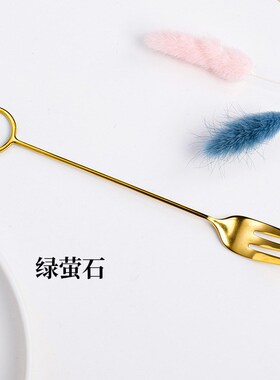 天然水晶原石八面体紫蓝绿萤石甜品勺不锈钢金色水滴型咖啡勺