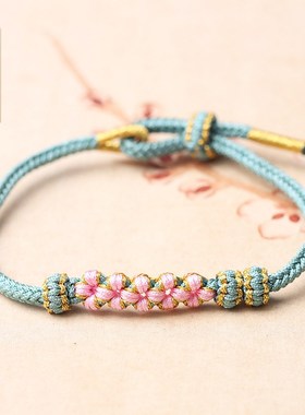 手编桃花结手链半成品可穿3硬金转运珠情侣款红绳复古风手链