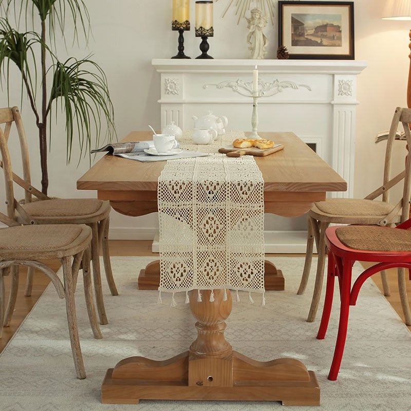 桌旗美式复古手工钩花镂空复活节桌垫流苏盖巾盖布茶席