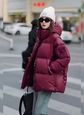红色高级感超好看棉服女欧货炸街亲肤别致连帽宽松棉衣外套2025冬