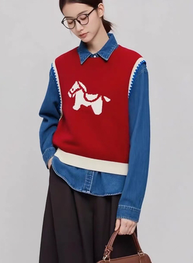 红色马年提花外搭针织马甲背心女2025秋冬季衬衣马甲 套装两件套