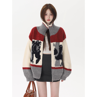 RTYHY_红色圣诞毛衣女冬季2024慵懒风冬天穿搭高领加厚双拉链外套