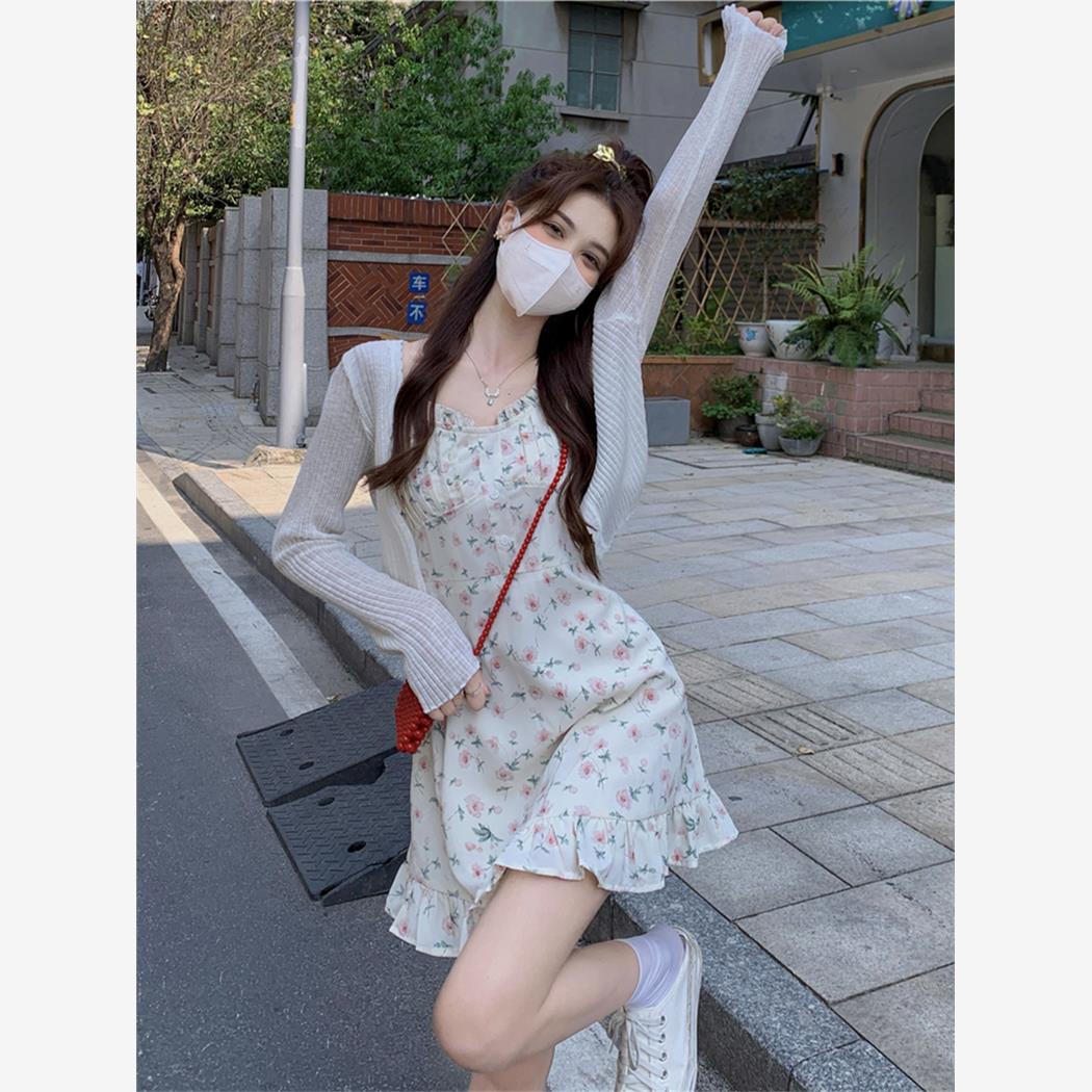 森瓦碎花吊帶連衣裙女夏套裝裙2025新款小個(gè)子法式初戀雪紡短裙兩