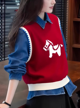 红色马年提花外搭针织马甲背心女2025秋冬季衬衣马甲 套装两件套