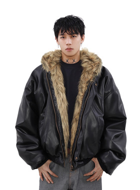 Men's winter cotton jacket with lining皮毛一体外套男复古棉衣