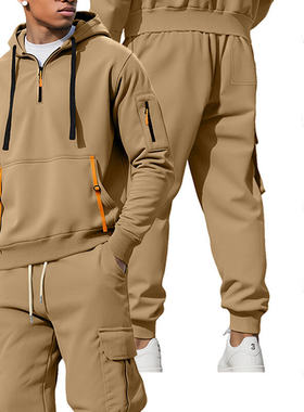 Fleece Set 秋冬男士加绒卫衣连帽衫拉链多口袋工装裤套装