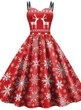 Christmas dress 2024 printed dress圣诞连衣裙女吊带女式休闲裙