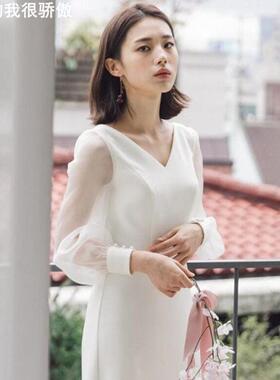 White bride V-neck long sleeved dress for women拍照礼服女